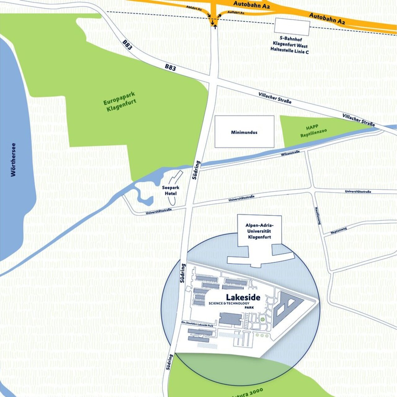 Im Zentrum der Karte befindet sich der "Lakeside Science & Technology Park", südlich der Universität. Nördlich davon liegt die "Alpen-Adria-Universität Klagenfurt". Im Westen ist der Wörthersee mit dem angrenzenden Europapark Klagenfurt eingezeichnet. In unmittelbarer Nähe befinden sich das "Seepark Hotel", die Touristenattraktion "Minimundus" sowie der "HAPP Reptilienzoo". Die Karte zeigt auch umliegende Straßen wie die Universitätsstraße, Villacher Straße, Südring und die Autobahn A2 mit der Abfahrt Klagenfurt West. Der S-Bahnhof Klagenfurt West (Linie C) ist ebenfalls verzeichnet.